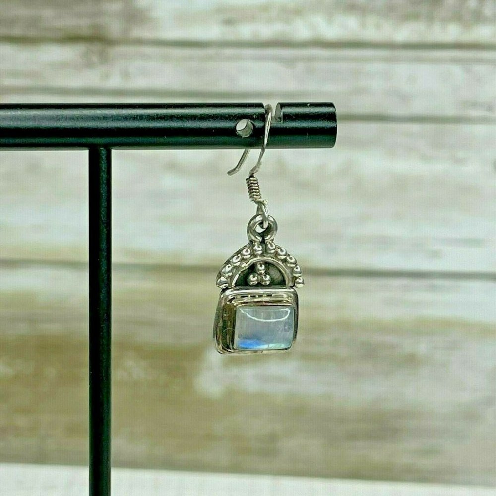 Vintage 925 Sterling Silver Rainbow Moonstone Drop Dangle Earrings - Picture 3 of 9